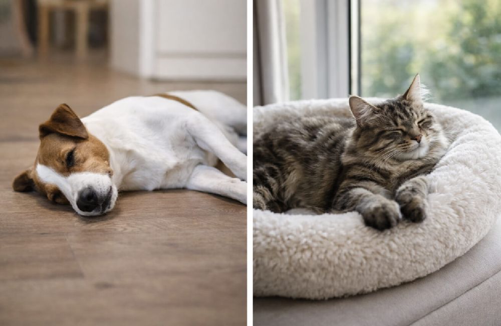 Колаж от две сцени, показващи разликата между неправилен и правилен избор на място за почивка на домашен любимец, като в едната куче лежи директно върху твърд под в дома без легло, а в другата котка спи спокойно върху меко пухкаво легло до прозорец с естествена светлина, създавайки контраст между липса на комфорт и уютна среда